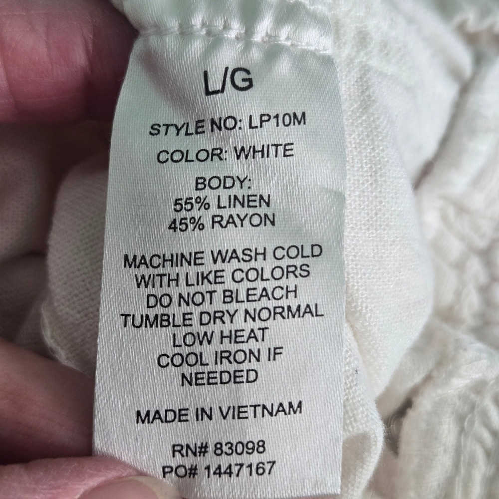 Cavalini White Linen Blend Wide Leg Smocked Waist Drawstring Pants Large Beachy - Picture 11 of 11
